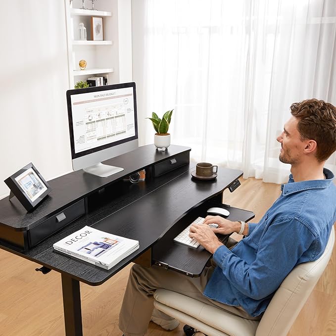 HUANUO 55" x 26" Electric Standing Desk with 2 Drawers & 26.7" Large Keyboard Tray, C-Clamp Mount Compatible, Adjustable Computer Desk for Home Office, Stand Up Desk with 4 Height Presets, Black