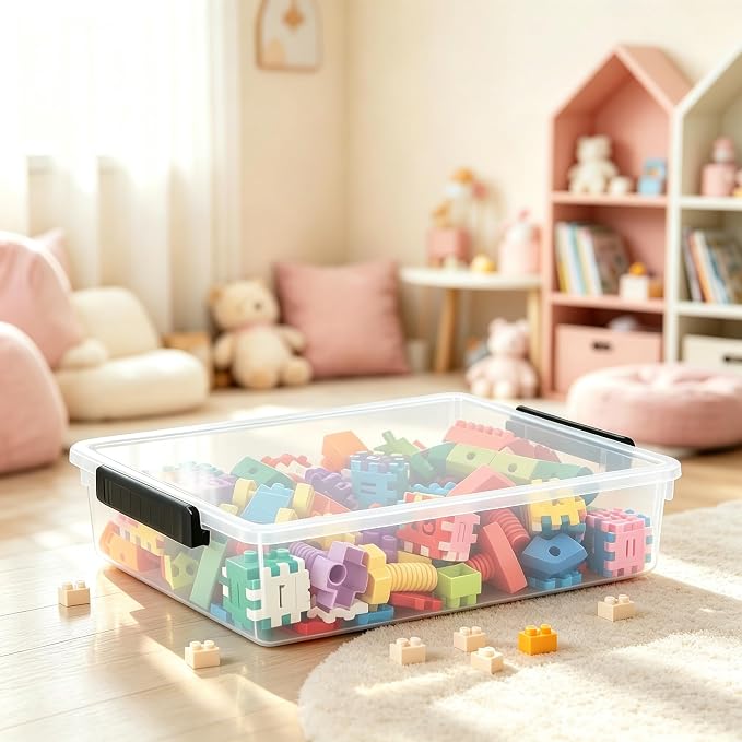 6 Qt Clear Flat Plastic File Storage Bins with Latch Lid, 4-Pack | Stackable Organization Box for Art Supplies, Craft, A4 Paper, Documents