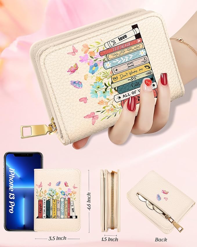 Bistup Credit Card Holder Wallet for Women Cute Leather Ladies Teen Girls Female Cardholder Wallets Accordion Purse Small Medium Aesthetic Merch Print Book Unique Modern Y2k Rfid Zipper Around