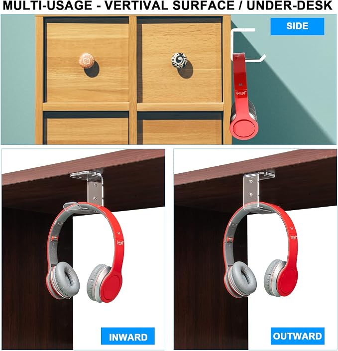 Cosmos 2 Pcs Headphone Hanger Mount Under-Desk Headset Hanger Hook Earphone Holder Wall Mount Hooks with Adhesive Tape & Screw Set Compatible with PC Gaming DJ Headset, Acrylic (Transparent Clear)