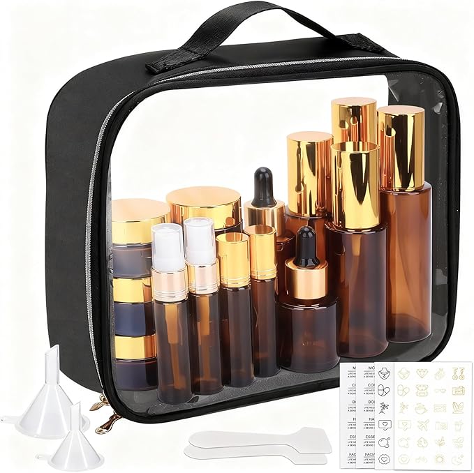 26 Pack TSA Approved Glass Travel Skincare Containers, 2/1.7/1.35/0.7/0.5/0.3oz Refillable Traveling Size Containers with Pump, Jars & Essential Oil Bottle, Leak-Proof for Creams & Liquids