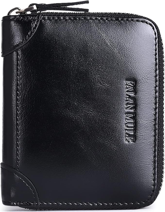 FALAN MULE Wallets For Men Genuine Leather Short RFID Blocking Zip-around Bifold Wallet（Black）