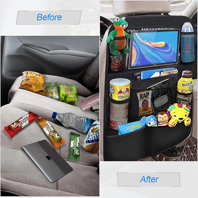 Hanemia Black Oxford Fabric Car Backseat Storage Caddy, 25 x 19 Inches, 9 Compartments, 11 Inch iPad Holder