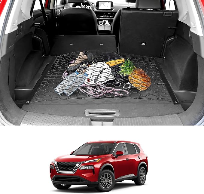 Karltys Trunk Mesh Cargo Net for Nissan Rogue 2026 2025 2024 2023 2022 2021, Floor Style Rear Trunk Cargo Net Fit Rogue Accessories, Heavy Duty Nylon Mesh Storage Netting Organizer with Hooks
