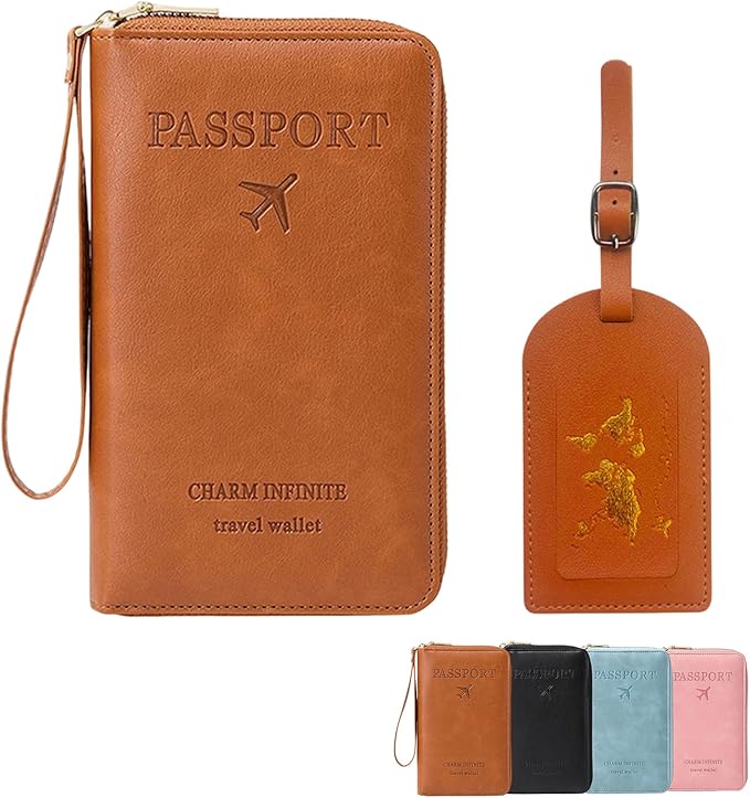 Multi-Functional RFID Passport Wallet Set, Blocking Passport Holder Travel Wallet, Holds Phones, Anti-Theft Protective Case with Multiple Card Pockets for Secure Travel Essentials (Brown)