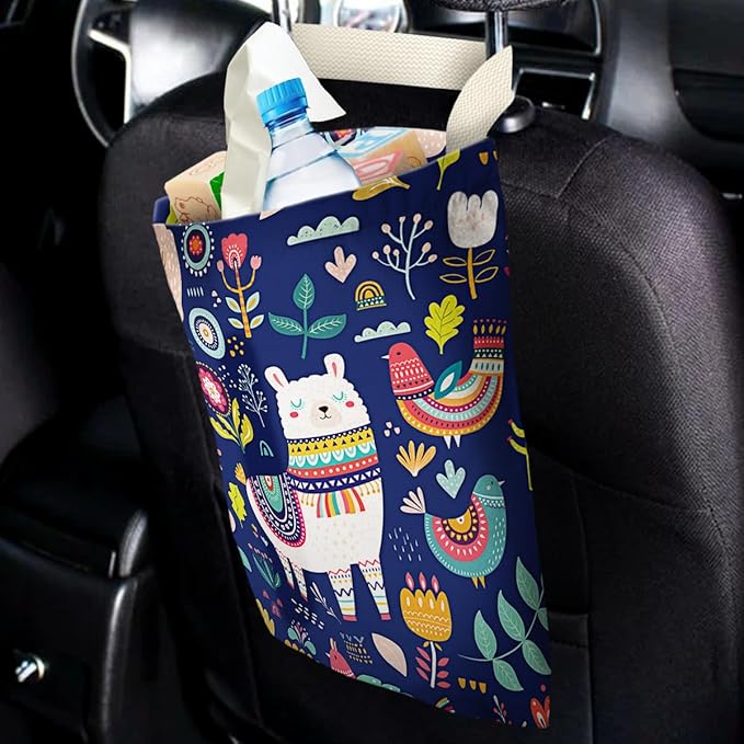 Car Trash Bag Hanging No Snap Small Garbage Bag for Car Back Seat Cute Printed One-handed Strap Trash Bags Car Accessories-Navy Alpaca Car Trash Bags