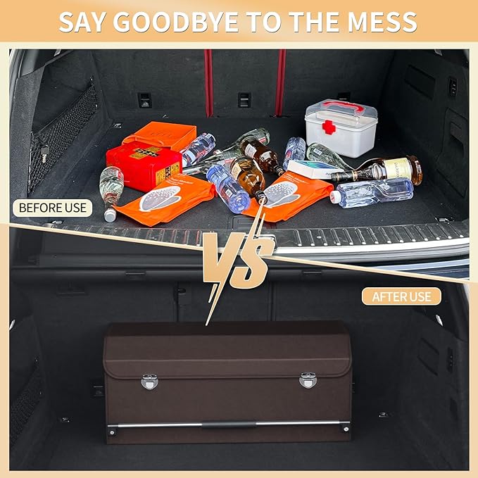 Car Trunk Organizer for SUV Car Trunk Storage Organizer with Lid and Sturdy Handle Collapsible Trunk Organizer for Truck, Sedan, Van (Brown, 27.1 x 11.4 x 12.2in)
