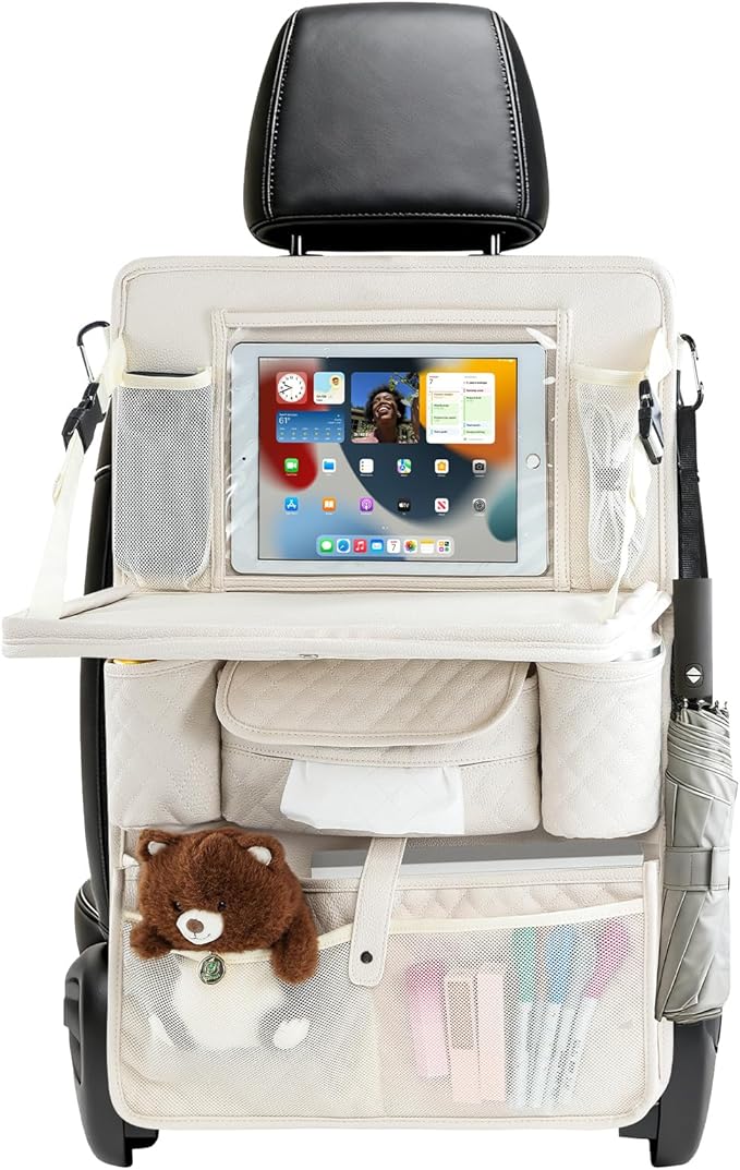 Car Backseat Organizer with Foldable Table Tray - 11 Storage Pockets PU Leather Back Seat Organizer with Tablet Holder, Seat Back Protector for Kids Family Road Trip Travel Accessories (Beige)