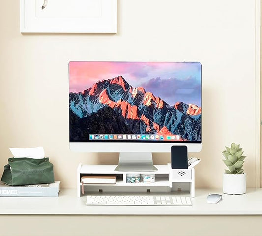 White Monitor Stand Riser, MDF Laptop Riser Shelf with Organizer(4.7" Hx8.1 Wx19.5 L)