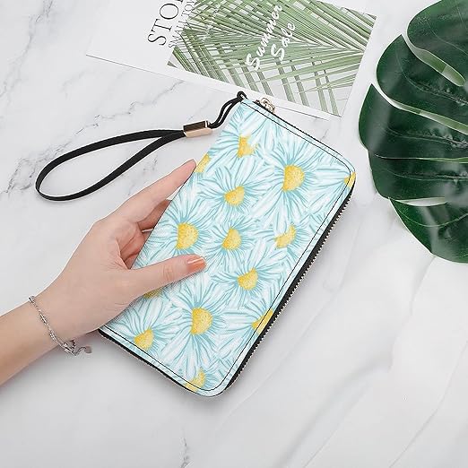 Clutch Wallet Holder for Women Men Blooming Daisies Portable Accordion Zipper Credit Card Storage Bag Waterproof Purse Leather Wallet for Travel Work Shopping