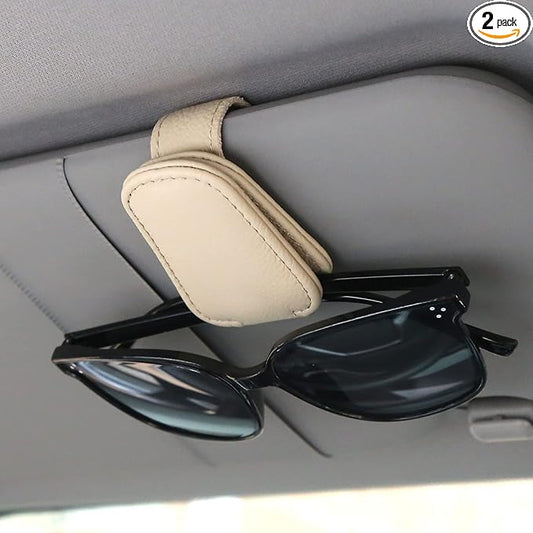 KIWEN 2 Packs Sunglasses Holders for Car Visor, Magnetic Leather Glasses Eyeglass Clip for Car, Ticket Card Clip Sunglasses Mount, Car Visor Accessories Gadgets (2, Beige)