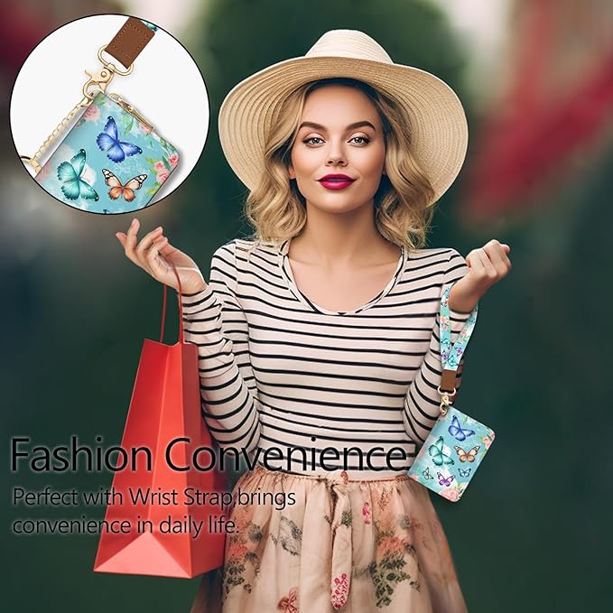 Blusabaca Credit Card Holder for Women, Butterfly Small RFID Blocking Wallet with Wristlet Strap, Keychain Zipper Women Wallet, Leather Card Case, Accordion Card Wallet Purse with Key Lanyard