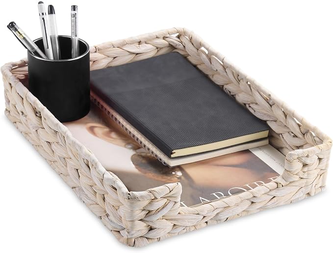 PINXIURY Water Hyacinth Letter Tray for A4 File Desk Mail Letter-Size Paper, Basket Woven Organizer, Magazine Files Storage, Office Document Organizer and Storage,Whitewash