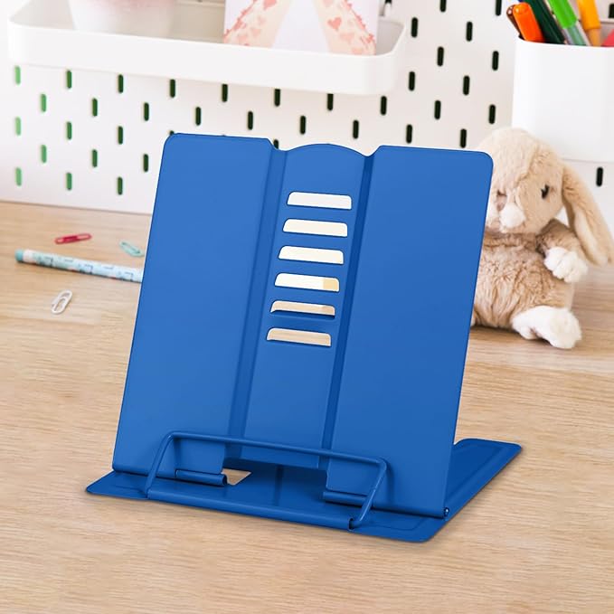 Honagu Small Book Stand and Holder - Metal Desk Stand for Hands-Free Reading, Adjustable for Cookbooks, Music Books, Tablets, IPads (Deep Blue)