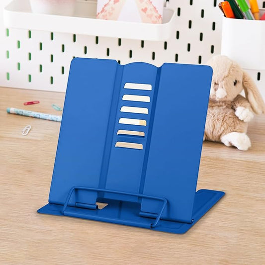 Honagu Small Book Stand and Holder - Metal Desk Stand for Hands-Free Reading, Adjustable for Cookbooks, Music Books, Tablets, IPads (Deep Blue)