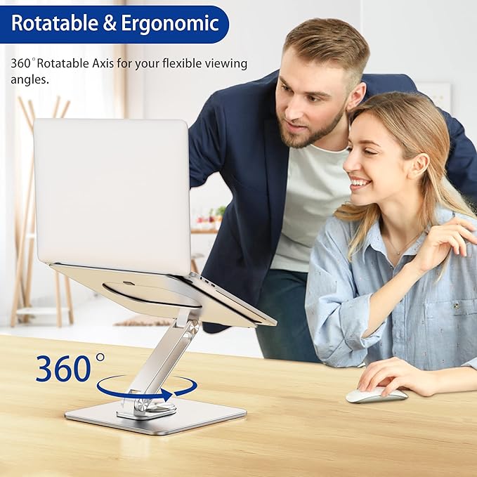 BESIGN LSX7 Laptop Stand with 360 Rotating Base, Ergonomic Adjustable Notebook Riser, Foldable Computer Holder Compatible with 10-15.6" Laptops (Silver)