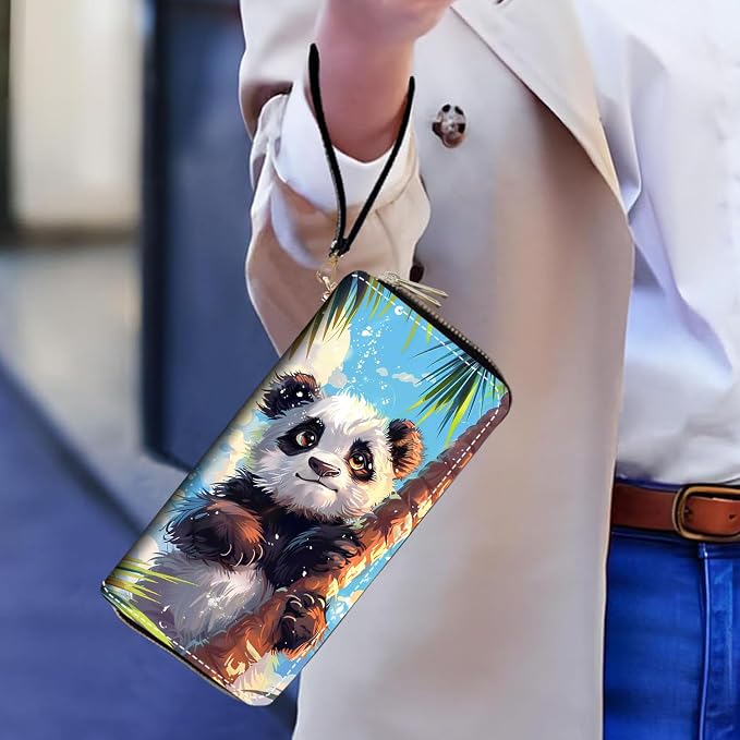 Women's Large Capacity Wallet PU Leather Double Zipper Clutch Purse Multifunctional Wallet with Removable Wristlet Strap for Smart Phone/Coin/Card/Cash, Watercolor Art Panda