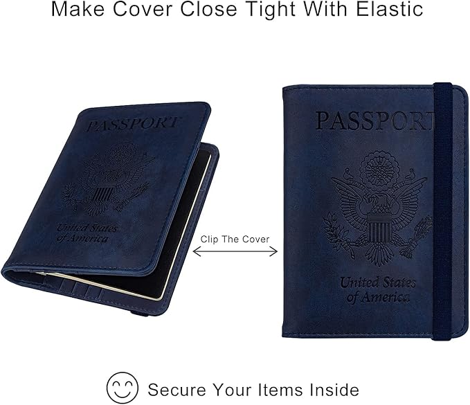 WALNEW Passport Holder for Travel, RFID Passport Cover Wallet for Women Men, PU Leather Passport Book Card Holder Case with Pen (Upgraded, Upgraded-Navy Blue)