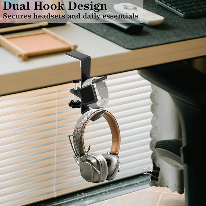 Desk Mount Headphone Hook Bag Holder Hook Clamp,Headphone Hanger and Backpack Hanger with Double Hooks,Universal Aluminum Alloy Gaming Headphone Stand Under Desk
