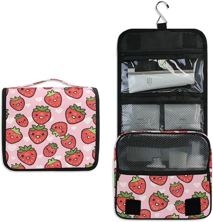 senya Hanging Travel Toiletry Bag Cute Kit Makeup Case Cosmetics Organizer for Men Women (Cute Strawberry Girly)