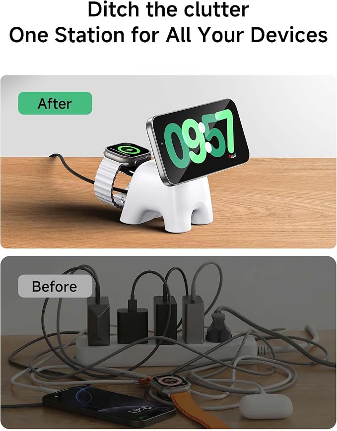 Foldable Wireless Charging Station, 15W Magnetic Fast Charger Stand for iPhone 17 16 15 14 13 12 Pro Max&Apple Watch&Airpods, 2-in-1 Charger for Home/Office/Travel(30W Adapter Included)