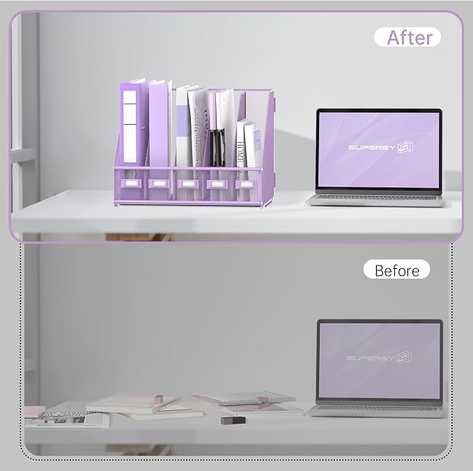 SUPEASY Desk Organizers Metal Desk Magazine File Holder with 5 Vertical Compartments Rack File Organizer for Office Desktop, Classroom, Home Workspace, Purple Plus