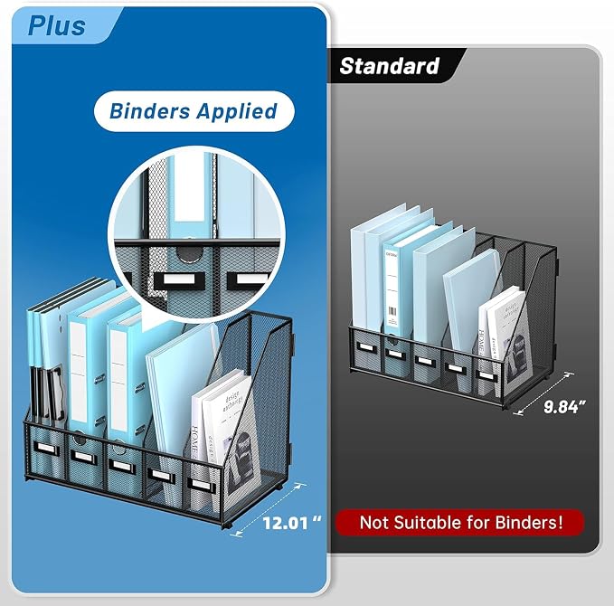 SUPEASY Desk Organizers Metal Desk Magazine File Holder with 16''x12''x12'' 5 Vertical Compartments Rack File Organizer for Office Desktop, Classroom, Home Workspace, Black Plus