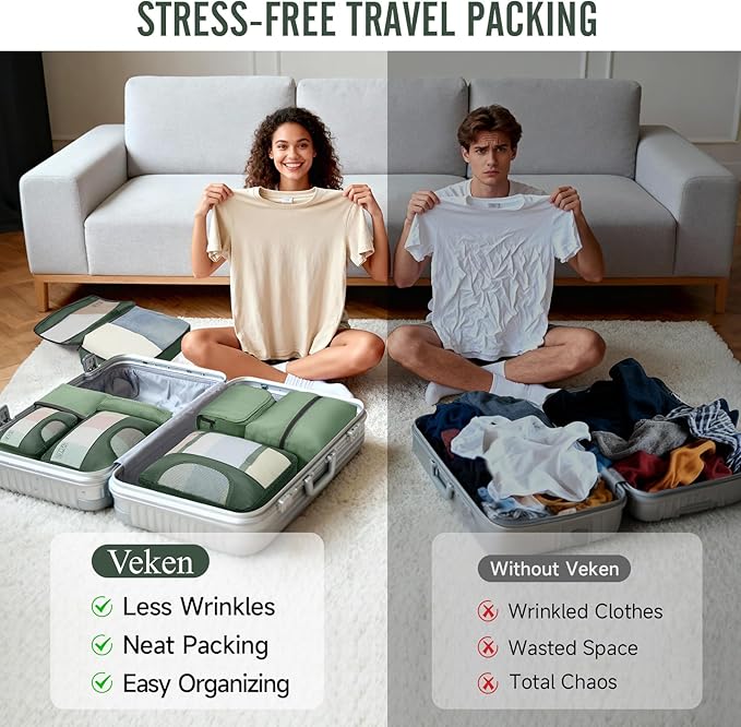 Veken 8 Set Packing Cubes for Travel Essentials, Suitcase Organizer Bags in 4 Sizes, Carry-On Luggage Accessories with Large Laundry & Hanging Toiletry Bag, Must-Have for Airplane, Road Trip & Camping