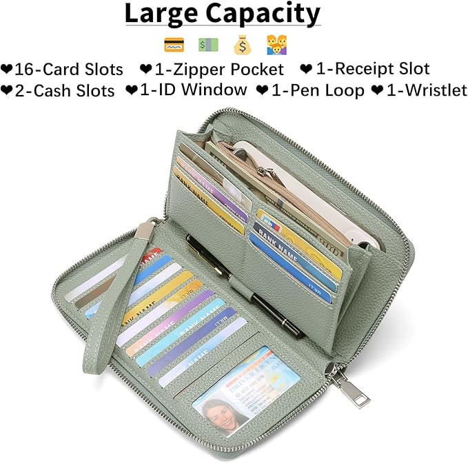 GOIACII Womens Wallet RFID Blocking Leather Zip Around Wallet Large Capacity Long Purse Credit Card Clutch Wristlet | RFID Blocking, Zip Around, Large Capacity, Long, Credit Card, Clutch