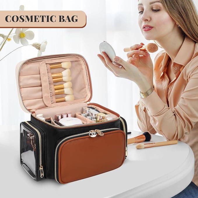 Bagmoly Large Makeup Bag, Portable Travel Makeup Bag Organizer for Women Girls with Makeup Brush Compartment & Two Side Pockets, Cosmetic Travel Bag Vertical Storage Toiletry Bag- Brown