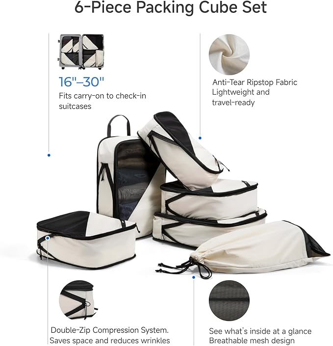 LUGGEX Compression Packing Cubes for Travel, 6 Set Lightweight Luggage Organizer Bags with Shoe Bag, Space Saving Suitcase Packing Cubes for Carry-On (POX01, Beige)