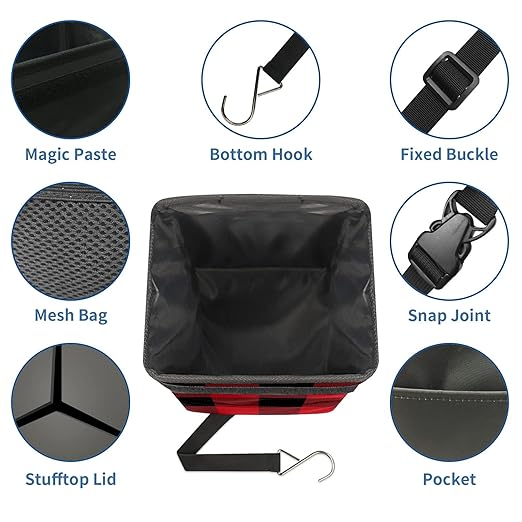 Car Trash Can Black Red Big Buffalo Plaid Classic Auto Garbage Bag Car Trash Can with Lid Leak-Proof Car Storage Bag Garbage Bag Hanging for Headrest Portable Car Backseat Organizer