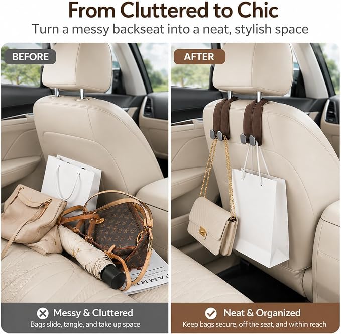 2Pcs Wide Car Headrest Hooks for Purses and Bags, 2026 Upgraded 0.98” Wide Opening for Thick Bag Handles, Premium Leather Car Seat Hanger with Dual Metal Hooks, WideFit Brown