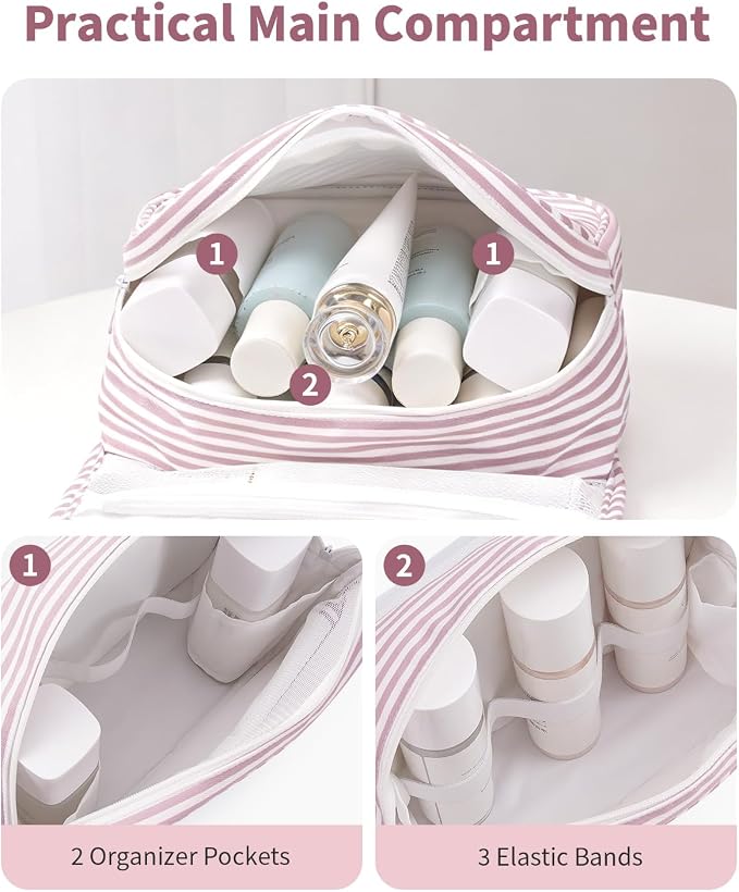 Narwey Small Hanging Toiletry Bag for Travel Women Girl, Striped Toiletries Travel Bag with Hook, Hanging Makeup Bag Organizer Make Up Cosmetic Bags, Gifts for Kids Teen (Dusty Pink Stripe)