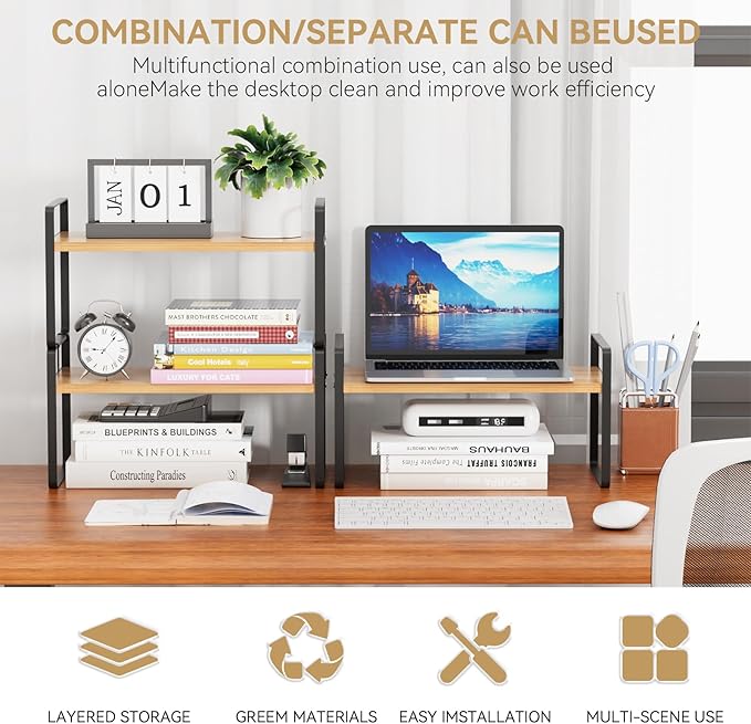 YGYQZ Desk Shelf Organizer for Top of Desk, Detachable 2 Tier Desktop Bookshelf, Wooden Desk Shelves Storage Rack, Small Desktop Shelf for Office Home Dorm, Tabletop Desk Organizer Stand (Black Wood)