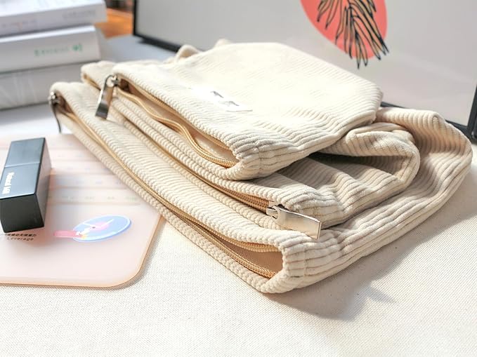 HAPPYHEIDI Corduroy Makeup Bag Set 3 w Pocket Cosmetic Toiletry Travel Pouch Purse Organizer, 3-Size, Soft Creamy Pink