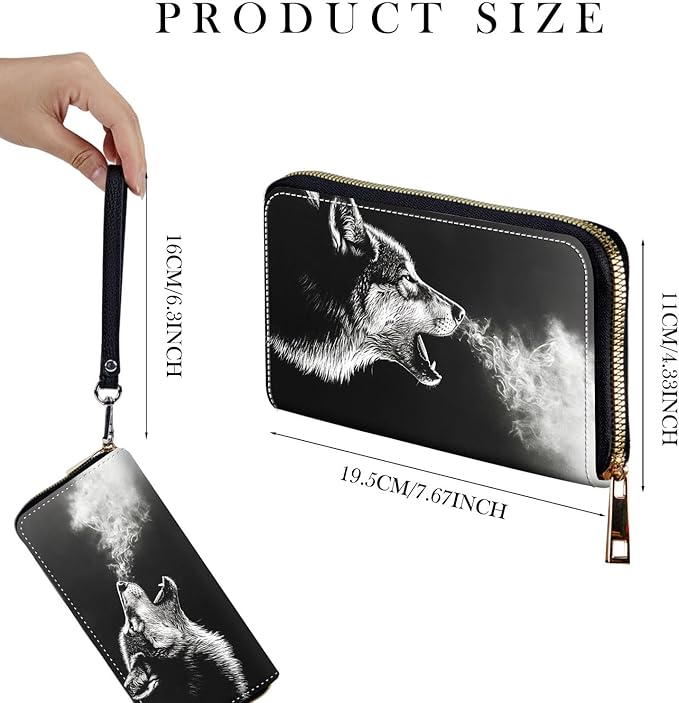 Zip Around Wallets for Women with Detachable Wrist Strap, Large Capacity RFID Blocking Leather Purse Organizer Card Holder Wristlet,Howling Wolf