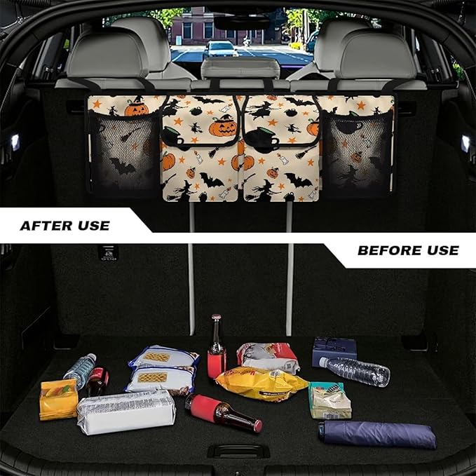 Hanging Trunk Organizer Cartoon Halloween Car Back Seat Storage with 4 Large Pockets Foldable Automotive Interior Accessories for Sedans MPV SUV Jeep Trucks Van