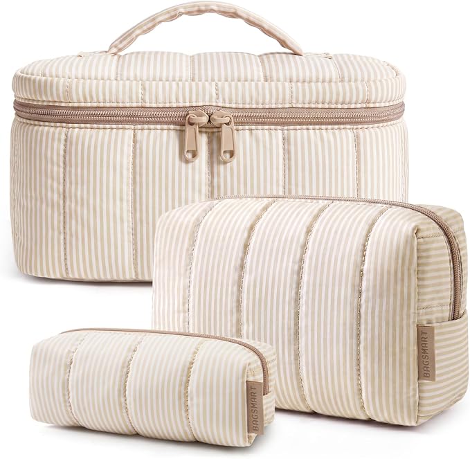 BAGSMART Travel Makeup Bag for Women, 3 Pcs Puffy Quilted Cotton Cosmetic Organizer, Large Toiletry Case and Small Purse Pouch for Gym, Work, Girls (Khaki Brown Strip)