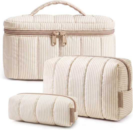 BAGSMART Travel Makeup Bag for Women, 3 Pcs Puffy Quilted Cotton Cosmetic Organizer, Large Toiletry Case and Small Purse Pouch for Gym, Work, Girls (Khaki Brown Strip)
