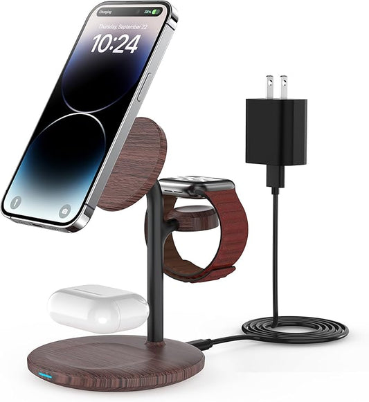 XooFly 3 in 1 Wireless Charging Station for Apple Devices, Fast Wireless Mag-Safe Charger Stand with 20W Adapter for iPhone 17/16 15 14 13 12 Pro Max/Pro/Plus/Air/Mini,iWatch,AirPods,Brown Wood Grain