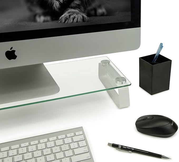 Mount-It! Glass Computer Monitor Riser and Laptop Stand | Clear Flat Screen Display Stand, Desktop Shelf and Organizer, Glass and Aluminum Construction, 22 Inches Wide, 44 lb Carrying Capacity