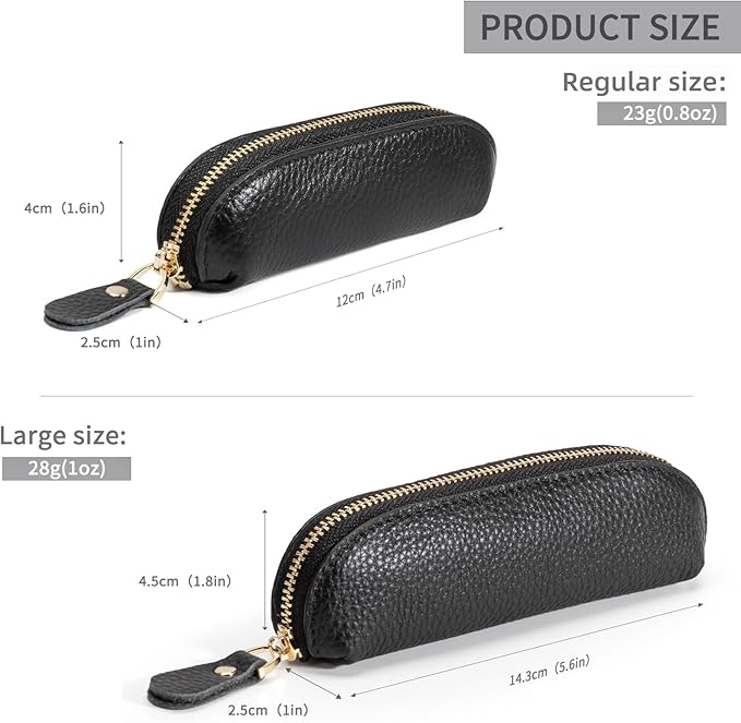 Full Grain Leather Coin Pouch - Travel Small Coin Purse with Zipper - Mini Key Pouch Change Purse for Women and Men (Black, Large Size)