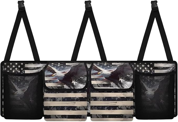 Hanging Organizer for Car Trunk American Flag Eagle Auto Back Seat Storage Bag with 2 Pockets 2 Mesh Pouches Collapsible Detachable Automotive Interior Accessories