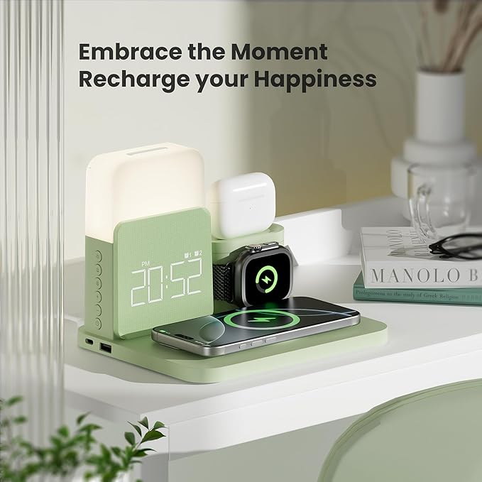 7 in 1 Charging Station for iPhone, Wireless Charging Station, Alarm Clock, Night Light, Wireless Charger for iPhone 17 16 15 14 13 12 Pro Max & Apple Watch - Charging Stand Dock for AirPods(Green)