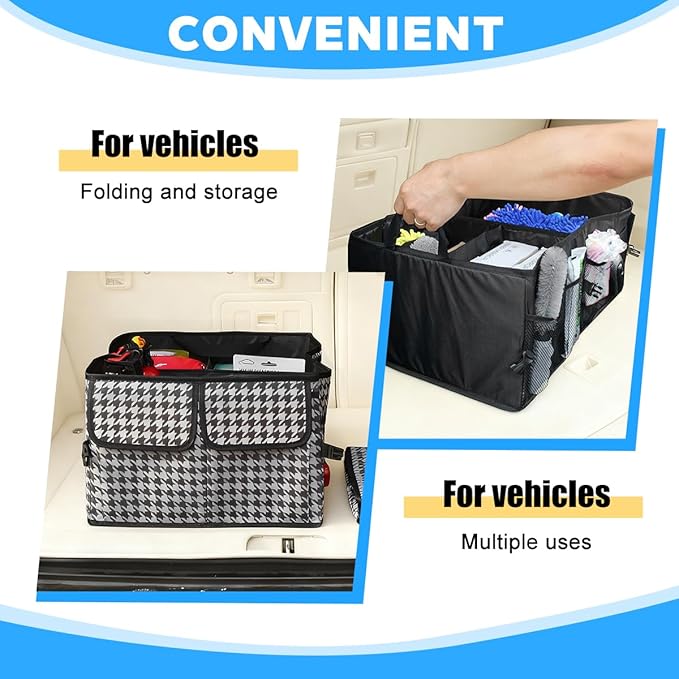 Car Trunk Organizer, Collapsible Multi-Compartment Large Capacity Vehicle Storage Container, Foldable Adjustable Automotive Interior Organization Box, Universal Fit (Houndstooth)