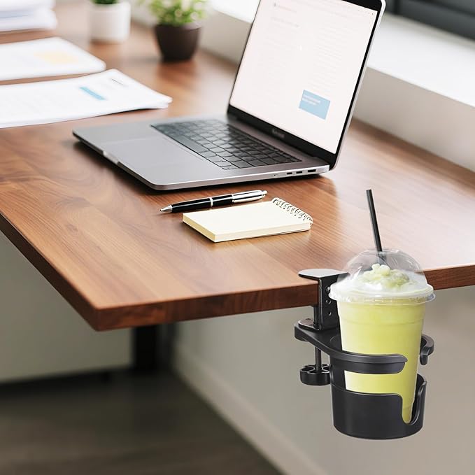 MYITYARD Desk Cup Holder Clamp, Anti-Spill Clip On Table Cup Holder, Rotatable Water Bottle Stand Drink Coffee Mug Storage, Office Accessories for Home and School (Black)