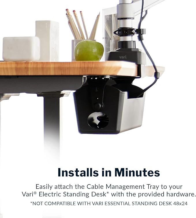 Vari Cable Management Tray - Under Desk Cord & Wire Organizer - Ideal for Home Office Sit Stand Desks - Fits Adjustable Electric Standing Desk 48x30, 60x30, 60x24, 72x30 - Easy Assembly (Black)