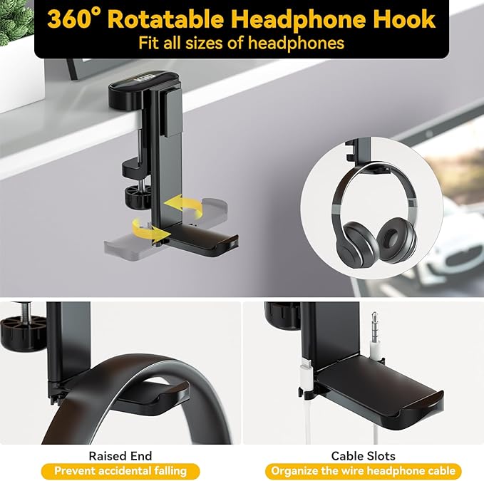 KDD 4 in 1 Desk Cup Holder - Clamp on Under Desk Headphone Hanger - Rotating Headphone Holder Detachable Pen Cup Holder Desktop Storage for Cup, Phone and Pen(Black)