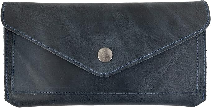 Hide & Drink, Full Grain Leather Large Female Wallet, Travel Organizer for Women, Vintage Money and Card Holder, Handmade, Slate Blue